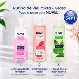 Nuvel Pack 3 en 1 Rutina Piel Mixta a Grasa Kit de Skincare Anti-Brillo con Desmaquillante Bifásico Oil-Free, Gel Limpiador con Toronja y Tónico Facial Astringente de Té Verde 3 Piezas de 235 ml
