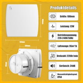Focxoio Bathroom Fan 100 mm with Humidity Sensor and Time Delay Device, 12 W Exhaust Fan with Backflow Flap, Wall Fan 95 m³/h for Wall, Ceiling and Window Mounting