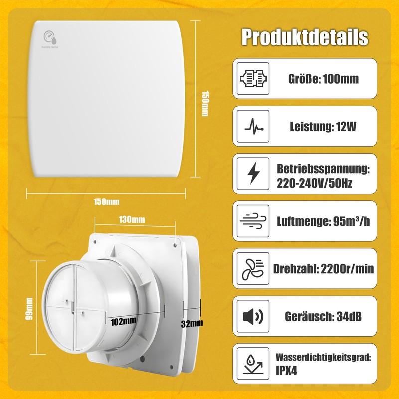 Focxoio Bathroom Fan 100 mm with Humidity Sensor and Time