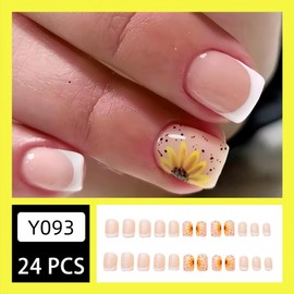 24Pcs Press on Nails Short Square Fake Nails French Tip with Nude White Sunflower Designs Full Cover Glossy Glue on Nails Thick Acrylic False Nails Cute Stick on Nails for Women Girls Y093