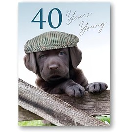 Noel Tatt - 40th Male Birthday Card - 40 Years Young Puppy Wearing Flat Cap - For Him, green, black, white, grey, 172 x 125 mm