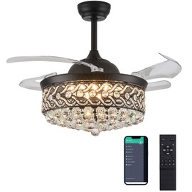 DuMaiWay 48 Inch Retractable Blades Fandelier Dimmable Crystal Chandelier Ceiling Fan with Light and Remote, Dimmable LED Crystal Fan Light Kit for Bedroom Dining Room