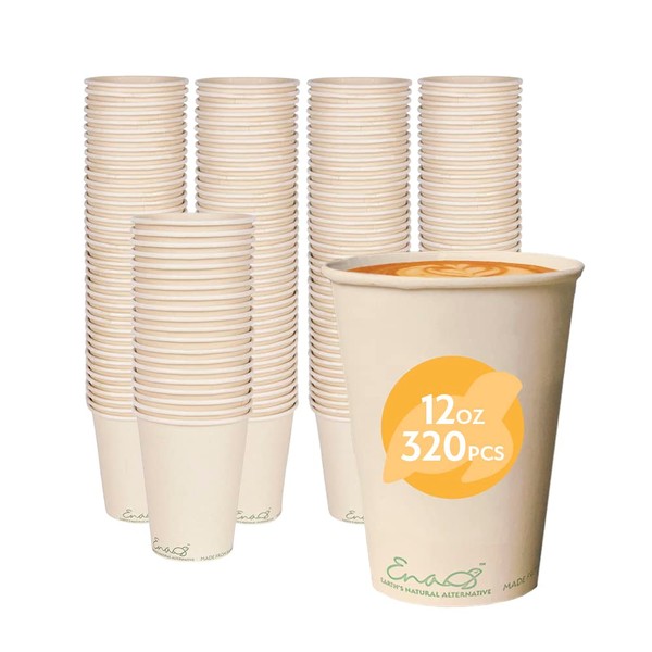 100% Compostable Disposable Coffee Cups [12oz 320 Pack] Paper Cups Made from Bamboo, Eco-Friendly, Biodegradable Premium Party Cups, Natural Unbleached by Earth's Natural Alternative