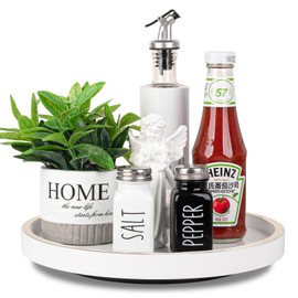 Lazy Susan Organizer for Table Top, Kitchen Countertop Organizer Wooden Lazy Susan Turntable for Cabinet, Spice and Soap Organizer Rack Bathroom Sink Tray for Vanity, 11 Inch, White Brushed Gold