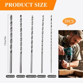 5 PCS Long Wood Drill Bits, Extra Long Drill Bits 150mm High-Speed Steel Drill Bits Set, Auger Twist Drill Bits Metal Drill Bit Kit for Metal Woodwork Plastic Aluminum Alloy - Diameter 2/3/3.5/4/5mm