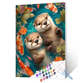 Cute Otters Swimming DIY Paint by Numbers for Adults and Kids Animals Koi Fish Paint by Number Kit on Canvas for Beginners Easy Acrylic Paint DIY Home Wall Decoration Gifts 16"x20" (Frameless)