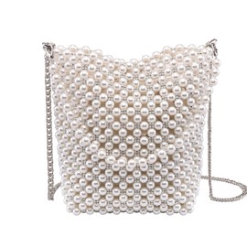 Ayliss Women Beaded Handbag Pearl Clutch Purse Evening Handbag Crossbody Bucket Pearl Tote Shoulder Bag Top-Handle Chain (Ivory)