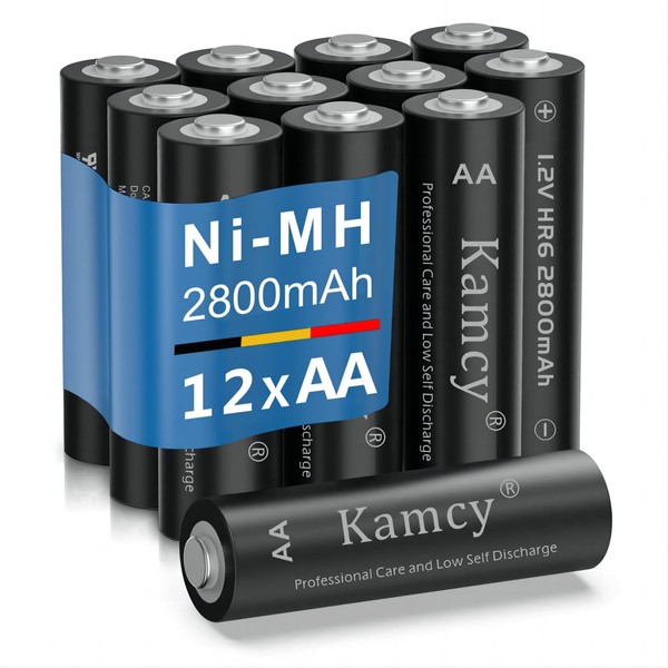KAMCY - Baterías recargables AA de rendimiento de 2800 mAh doble A, baterías NiMH de 1.2 V recargables de tamaño AA de alta capacidad, 1200-1500 ciclos, pilas AA precargadas, paquete de 12 unidades