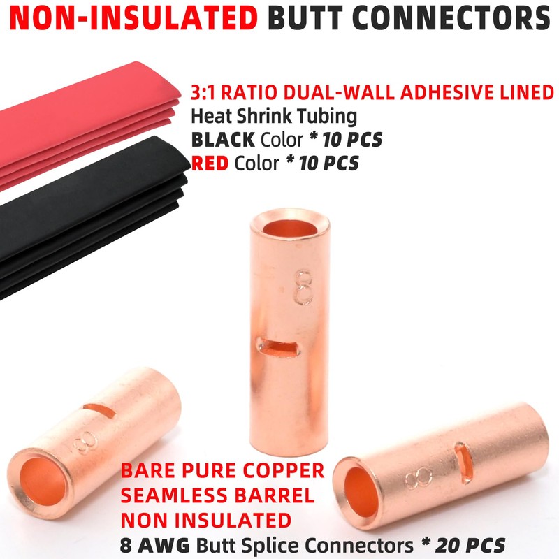 BAALA 20 PCS 8 Gauge Non-Insulated Butt Connectors Kit Bare