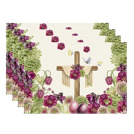 BOTB LIHM Easter Cross Eggs Purple Flowers Leaves Butterfly Spring Cloth Placemats Set of 4 Table Mats Table Decorations 12x18 Inch