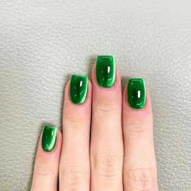 30Pcs Emerald Green Press on Nails Short Square False Nails Velvet Stick on Nails Magnetic Nails Press on Acrylic Nails Glossy Glitter Fake Nails with Designs Solid Color Glue on Nails for Women Girls