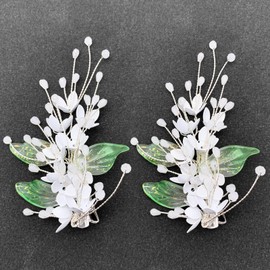 BETITETO Bridal Flower Hair Clips 2PCS White Floral Green Leaf Hair Vine Piece Accessories for Women Girls