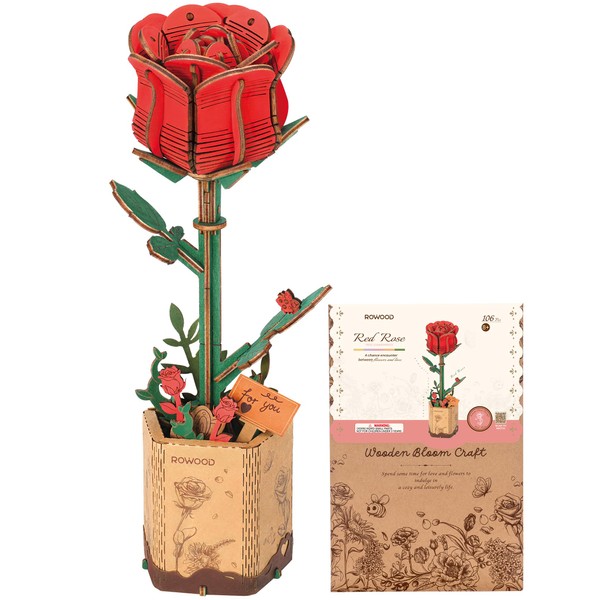 ROWOOD 3D Puzzle Red Rose, DIY Wooden Flower, Model Kits