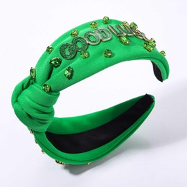 HZEYN St Patricks Headband Green Shamrock Headband Jeweled Crystal Embellished Knotted Headband Irish Costume Headwear Hair Accessories(Green-Good Luck)