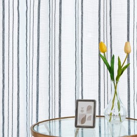 SXZJTEX Farmhouse Linen Blue Striped on White Curtains 63 inch Long for Living Room Bedroom Rustic Light Filtering Tickingstripe Curtains Grommet Top 2 Panels