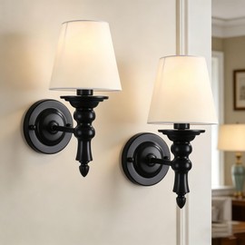 Wall Sconces Sets of 2, Hardwired Classic Matte Black Sconces Wall Lighting, Bathroom Vanity Light Fixture with Fabric Shade for Bedroom Living Room Hallway Kitchen