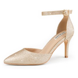 JOY IN LOVE Closed Toe Heels Pumps for Women 3IN Stiletto Pointed Toe Ankle Strap Heels Gold Glitter US7.5