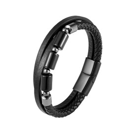 CARICY Mens Leather Braided Black Onyx Protection Healing Stone Bead Bracelet for Men Stainless Steel Clasp Cuff Bracelets Jewelry