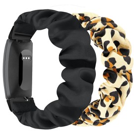AIEDE 2Pcs Women Men Scrunchie Elastic Braided Solo Loop Stretchy Straps Nylon SportBand Wristband For Inspire 3 2 HR Ace 3 2 Bands (Large, Black+Leopard)