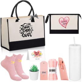 Skylety 10 Pcs Best Mom Gifts Birthday Gifts for Mother from Daughter Son Kids, Birthday Basket for Mom Women, Unique Present for Wife from Husband(White,Simple Style)