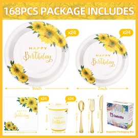 Gudvilla 168Pcs Sunflower Birthday Decorations for Women Girls, Happy Birthday Plates and Napkins for Women, Sunflower Plates Serve 24, Yellow Party, Spring Summer Fall Easter Mothers Day
