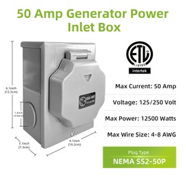 Portvoi 50 Amp Generator Power Inlet Box, ETL Listed NEMA SS2-50P Power Inlet for 3-Prong Generator Cord, 125/250V, 12500W, Weatherproof, Pre-Drilled Transfer Switch for Outdoor RV and Generator