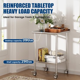 Chingoo Stainless Steel Work Table with Wheels, 24x24 Inch NSF Food Prep Worktable with Backsplash & Adjustable Undershelf for Commercial Kitchen, Restaurant, Garage, Outdoor BBQ