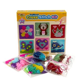 The Magic Toy Shop 6-in-1 Cross Stitch Kit Assorted Embroidery Boards with 36 Coloured Threads Included, Sewing Kit for Beginner Kids Embroidery Craft Set Creative Play