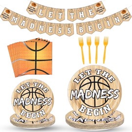 177 Pcs March Basketball Madness Decorations Let the Madness Begin Basketball Theme Banner Basketball Paper Plates Napkins Plastic Forks Party College Basketball Party Supplies