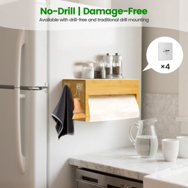 Bilifre Bamboo Paper Towel Holder with Hooks – One-Hand Tear, Dustproof, No-Drill Adhesive & Wall Mount, Under Cabinet/Countertop Dispenser for Kitchen, Garage & Workshop | Fits Jumbo Roll