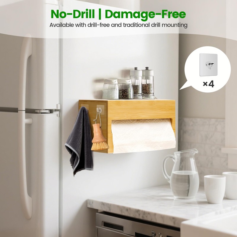 Bilifre Bamboo Paper Towel Holder with Hooks – One-Hand Tear,