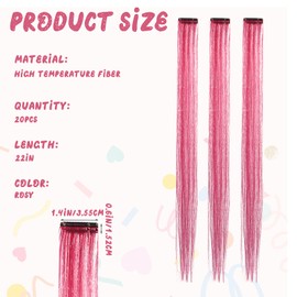 YBEATY 20 Pcs Pink Hair Extensions Colored 22 Inch Colored Light Party Highlights Straight Hairpiece Clip Long Straight Hair Clip Extensions Hairs Accessories for Women Birthday Colorful Festival