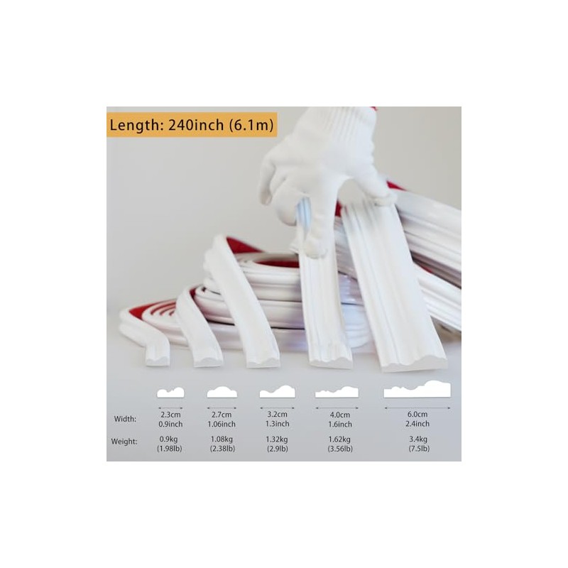 240"L x 0.9"W Peel and Stick Chair Rail Panel Molding,