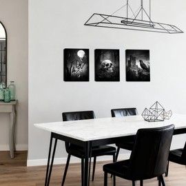 RyounoArt Gothic Wall Art Black and White Skull Butterfly and Raven Pictures Horror Wall Decor Framed 12 * 16 inches*3pcs (Small)