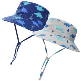 Mini angel Baby Sun Hat Toddler Summer Bucket Hat Kids Beach Hat 2 Pack Sun Protection Hat Wide Brim Hat Cap 2-3 Years (Navy Dinosaur+Grey Dinosaur)