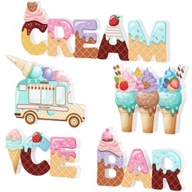 Kigley 5 Pcs Wooden Ice Cream Table Sign Centerpiece Ice Cream Praty Favor Letter Truck Ice Cream Party Decorations for Bar Decor Summer Theme Baby Bridal Shower Wedding Graduation Birthday Supplies