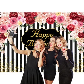 Floral Happy Birthday Backdrop Banner for Women Black White Striped Happy Birthday Banner Party Decorations 7x5Ft