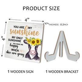 You are My Sunshine Gifts Wood Sign With Stand, Home Office Sunflower Cow Desk Decor Plaque, Inspirational Gifts for Daughter Wife Mom, Motivational Gift for Woman Man - b011