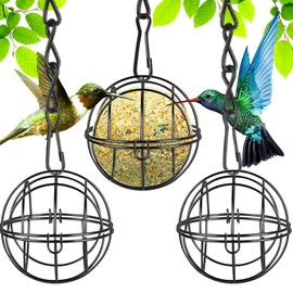 3 Pcs Spherical Bird Feeders Set, Fat Ball Feeders with S-Shaped Hooks, Hanging Fat Ball Bird Feeders, Black Metal Fat Ball Bird Holders for Outdoor Garden, Wildlife Birds, Finch, Sparrow, Robin