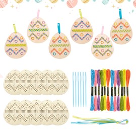 Makone Easter Egg Wooden Cross Stitch Decorations - Pack of 10, Cross Stitch Kits for Kids, Easter Crafts, Craft for Kids