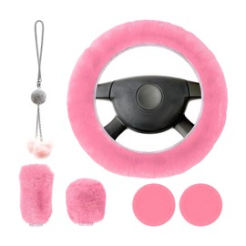 Yourkar 6 PCS Fluffy Steering Wheel Covers Set, 15 Inch Soft Steering Wheel Cover, Handbrake Cover & Gear Shift Cover & Cup Holder Coaster & Car Mirror Accessory, Car Accessories (Pink)