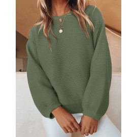 ZESICA Women's Crew Neck Long Lantern Sleeve Casual Loose Ribbed Knit Solid Soft Pullover Sweater Tops,ArmyGreen,Medium