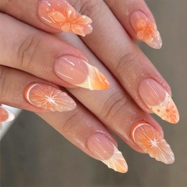 30Pcs French Tip Press on Nails Medium Almond Fake Nails with 3D Flower Designs Orange Gradient Acrylic False Nail Summer Glue on Nails Glossy Full Cover Stick on Nail for Women DIY Manicure Salon