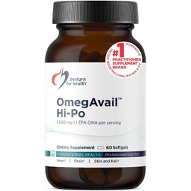 Designs for Health OmegAvail Hi-Po - TG (triglicéridos) Omega-3 Suplemento de aceite de pescado, 1600 mg EPA/DHA por porción con limón + vitamina E para minimizar el sabor a pescado (60 cápsulas blandas)