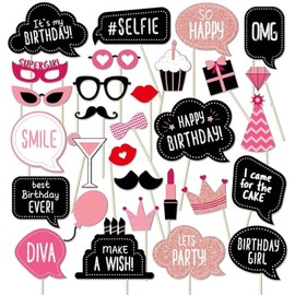 Birthday Photo Booth Props Kit, 30 PCS Party Photo Props Set, Easy to Assemble Photo Booth Decorations, Happy Birthday Selfie Party Supplies for Women & Girls