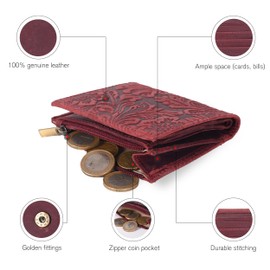 Wallet for Women Full Grain Leather - Small RFID Coin Purse Credit Card & ID Holder for Ladies,Bifold Wallets for Teenager (Crazy Horse Red Flower)