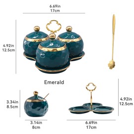 YMYL Set of 3 Porcelain Condiment Pot Sugar Bowl with Lid, Spoon and Tray, Modern Ceramic Seasoning Jars Salt Container for Home Kitchen, Restaurant, Coffee Bar (Green)