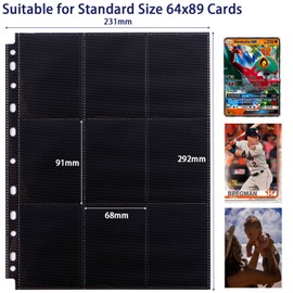 20 Pages 360 Pockets Black Trading Card Sleeves Binder Sheets, 11 Holes Double-Sided Thick Playing Card Sleeves for 2/3/4 Ring Binder, 9 Pockets, Side Loading, A4 Side Protection for Game, Football