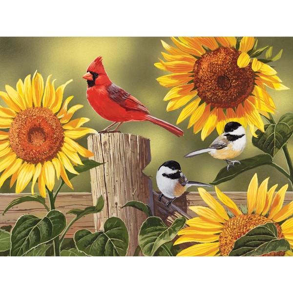 Bits and Pieces - 300 Large Piece Jigsaw Puzzle for Adults - Sunflower and Songbirds - 300 pc Cardinal Jigsaw by Artist William Vanderdasson