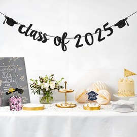 Graduation Banner Graduation Decorations 2025, Class of 2025 Congratulation Banner, Pre-Strung Glitter Black Congrats Grad Banners Garland for High School College Graduations Party Favor Supplies